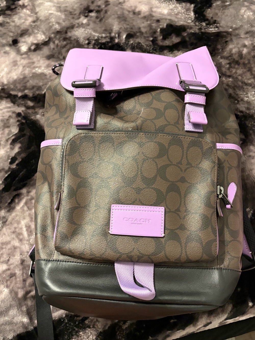 Coach Brown Signature Canvas Backpack with Lavender Trim